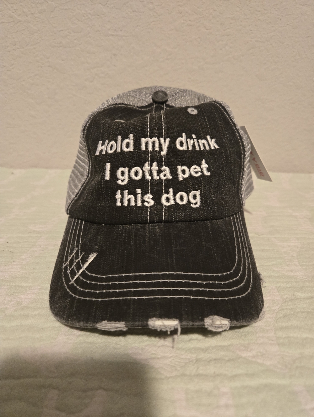 NWT Cute Katydid Distressed Trucker Hat.